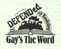 Logo for Gay's the Word shows an open book and silhouetted figures marching above with the word DEFENDED overlaid on the image
