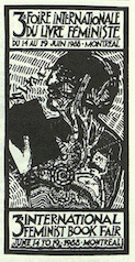 ad for the third international womens book fair wiht woodcut style image of a woman reading a book