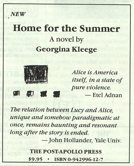 The Post-Apollo Press advertisement for Georgina Kleege's Home for the Summer