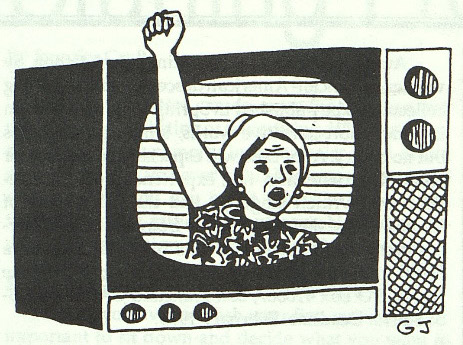 graphic of a woman with raised fist coming out of a television set