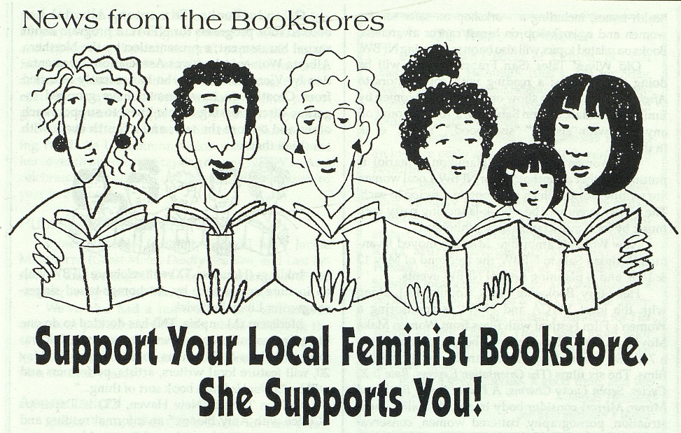 graphic with a line of women reading books below which the tagline reads support your local feminist bookstore she supports you