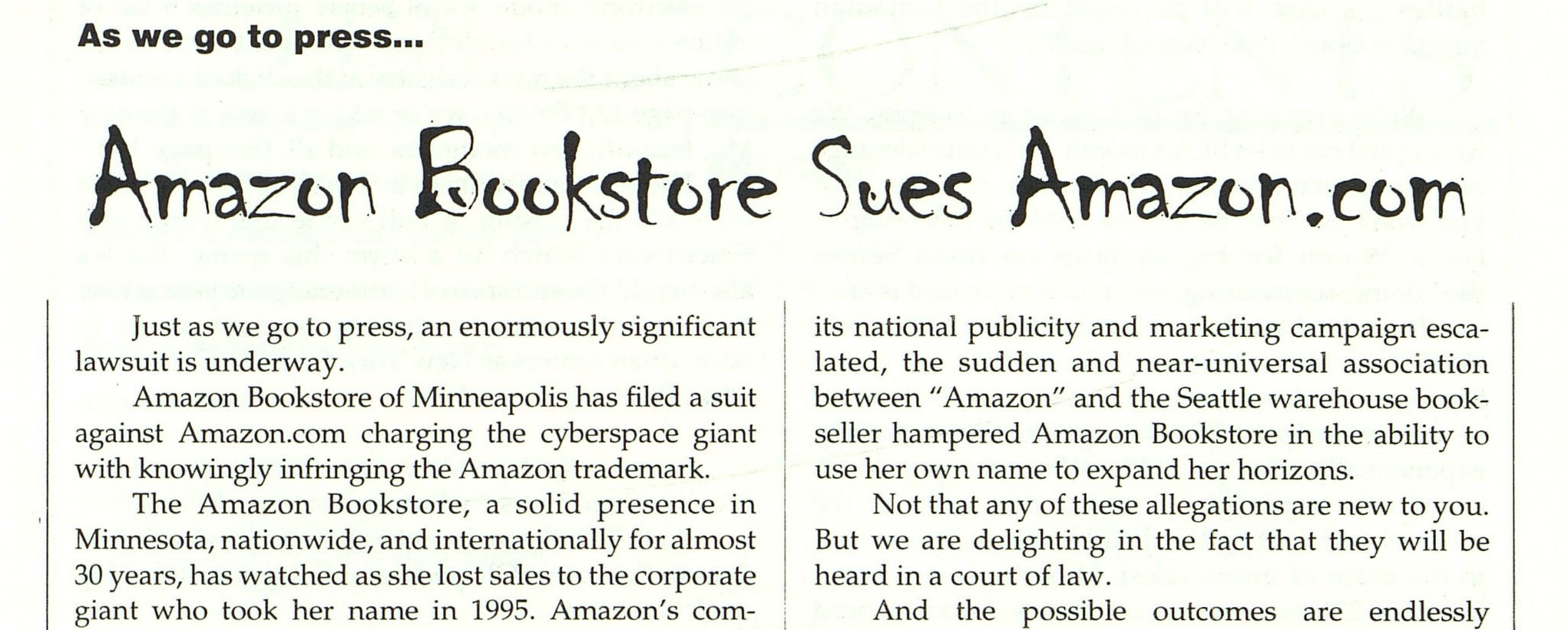 Article headline reads Amazon Bookstore Sues Amazon.com
