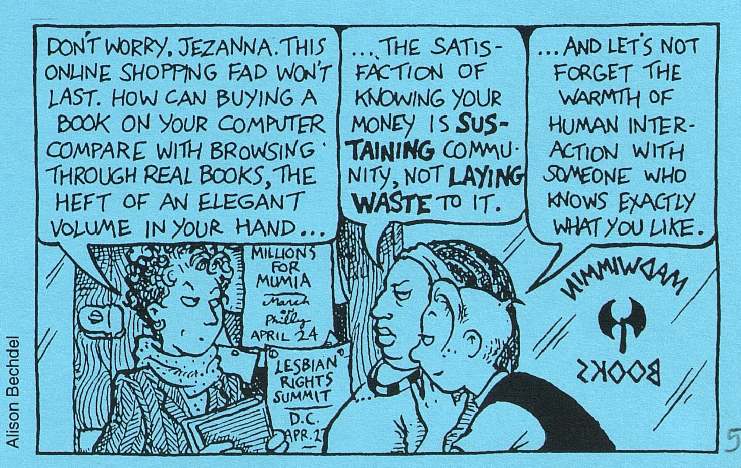 one panel of a comic strip by Alison Bechdel on the cover of FBN three women discuss why customers will prefer brick and mortar bookstores to online shopping