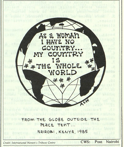 drawing of globe with text as I woman I have no country my country is the whole world