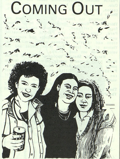 drawing of three young lesbian women standing in a group smiling below the headline coming out