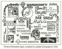 An assortment of feminist bookstore logos compiled by Lesbian Connection in 1976