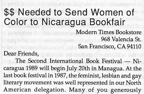 headline from a column that reads $$ Needed to send women of color to nicaragua bookfair