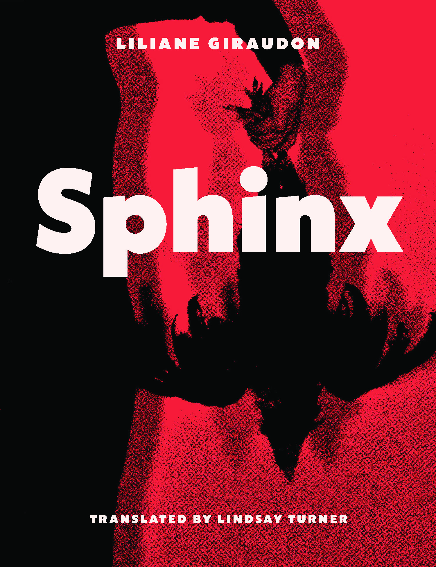 Cover image for Sphinx by Liliane Giraudon shows the silhouette of a woman holding a bird upside down by the feet with wings splayed against a red background
