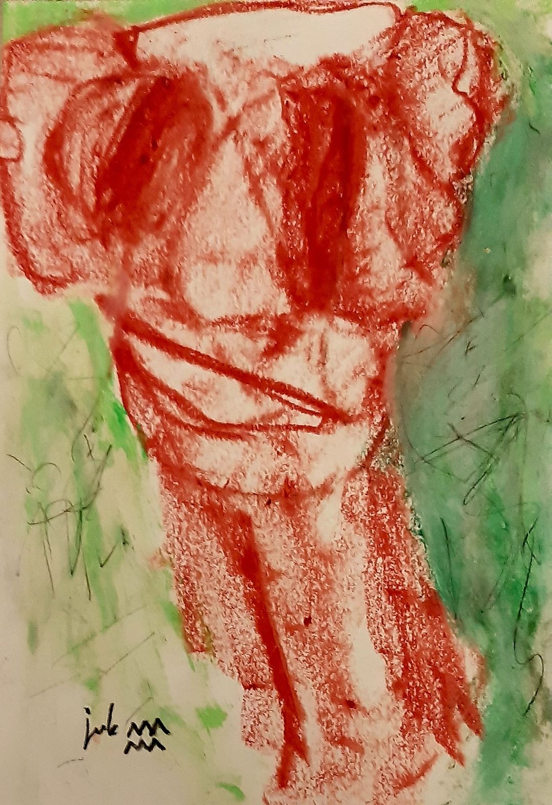 pastel drawing of a red figure in the shape of a head or fist on a green background